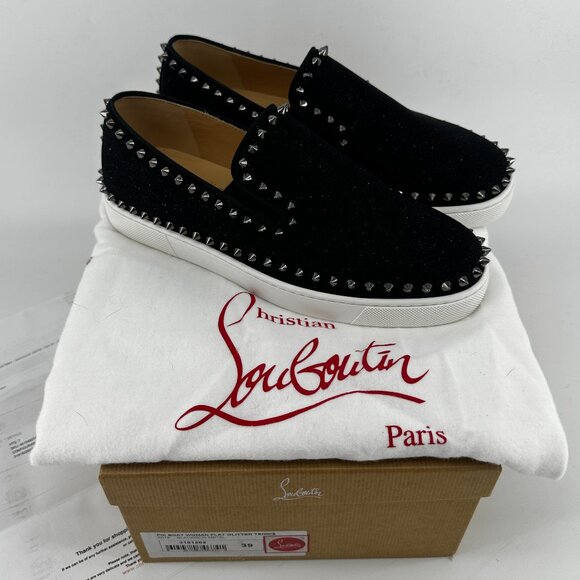 Louboutin Black GLITTER Slip On's with Silver Studs - Size 39 - Picture 1 of 10